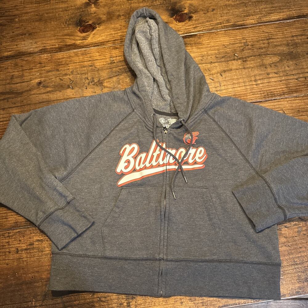 Baltimore Orioles Baseball Woman's Cropped Zip Up Hoodie Size L Grey‎